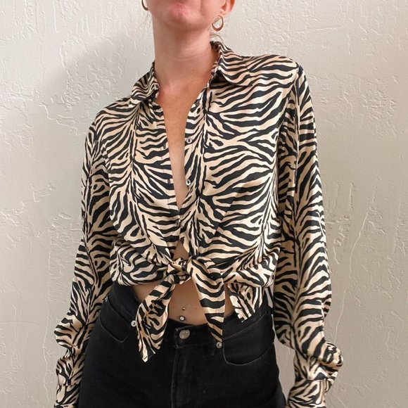 Y2K 100% Silk Zebra/Animal Print Long Sleeve Button Up Top - Picture 6 of 8
